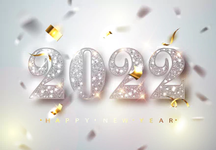 2022 sparkling silver numbers with gold confetti and lights celebrate Happy New Year 2022 in a bright, festive 4K Ultra HD desktop wallpaper background.
