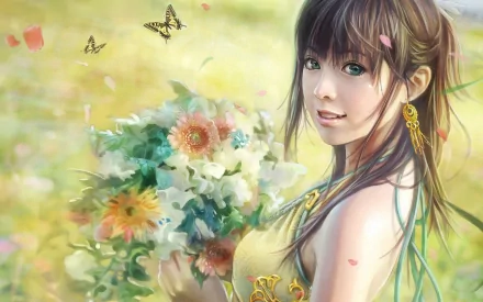 A fantasy-themed HD desktop wallpaper of a smiling woman with earrings, holding a vibrant flower bouquet, set against a softly blurred background with butterflies and petals.