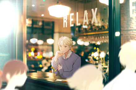 HD PC desktop wallpaper featuring Loid Forger from the anime Spy x Family, shown sitting thoughtfully by a window with RELAX illuminated behind him.