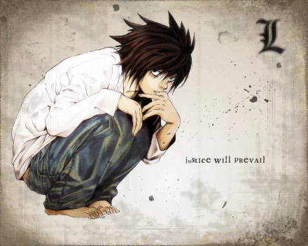 HD desktop wallpaper of L from Death Note, depicting him crouching with a focused expression. The background is light with splatters, and text reads Justice will prevail.