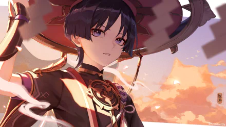 HD PC desktop wallpaper featuring Scaramouche from the video game Genshin Impact, showcasing detailed artwork with warm lighting and a dramatic sky background.