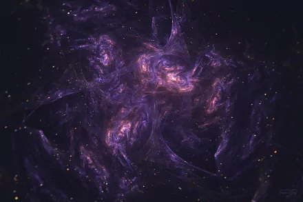 An artistic HD wallpaper featuring a mesmerizing space scene with wisps of swirling purple and pink nebulas set against a dark starry background.