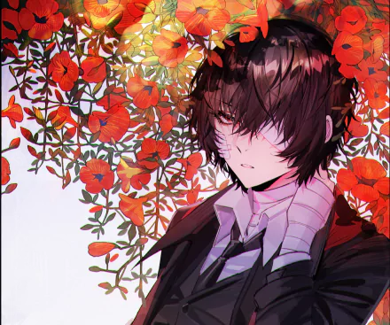 HD anime desktop wallpaper of Osamu Dazai from Bungou Stray Dogs, featuring him amidst vibrant red flowers with detailed shading and a striking background.