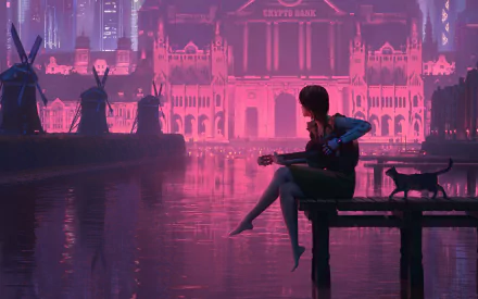Cyberpunk 4K Ultra HD desktop wallpaper featuring a girl sitting on a dock beside a cat, with glowing windmills and futuristic cityscape in the background.
