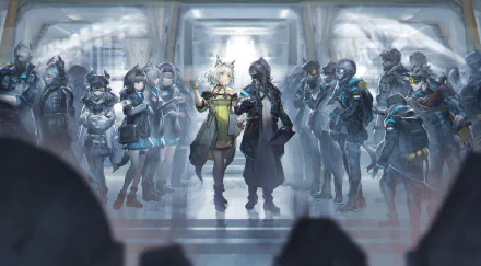 4K Ultra HD Arknights PC wallpaper featuring Kal'tsit, Scout, Medic, and Doctor characters in a futuristic, high-tech setting from the video game Arknights.