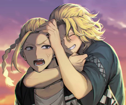 Mikey Manjiro Sano playfully headlocks Ken Ryuguji against a sunset — anime Tokyo Revengers scene, 2K Quad HD PC desktop wallpaper/background.