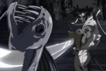 HD anime desktop wallpaper featuring a dark scene from Afro Samurai, showcasing intense action with the protagonist wielding a glowing sword against a monstrous opponent.