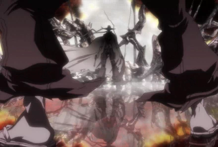 HD PC desktop wallpaper from the Afro Samurai anime: low-angle silhouette amid burning ruins and ghostly reflections.