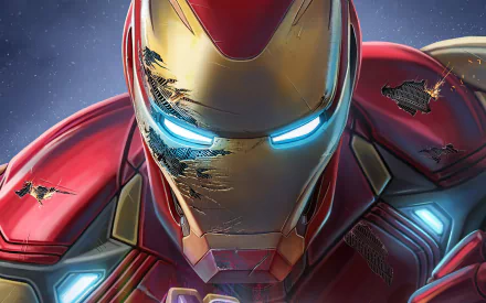 HD PC desktop wallpaper featuring Iron Man superhero from comic books with glowing blue eyes and battle-worn armor in a dynamic close-up.