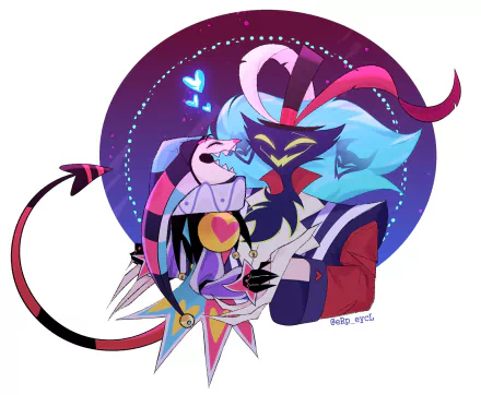 HD PC desktop wallpaper of Fizzarolli and Asmodeus from the TV show Helluva Boss — colorful stylized fan art with neon hearts and a cosmic circular background.