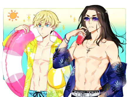 HD anime wallpaper featuring Chifuyu Matsuno and Keisuke Baji from Tokyo Revengers, both shirtless and holding summer-themed accessories against a bright background.