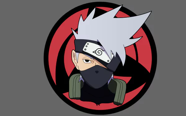Kakashi Hatake from Naruto depicted in front of a red and black Sharingan symbol, rendered as an 8K Ultra HD anime PC desktop wallpaper.