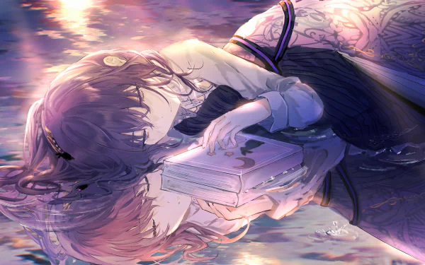 Asahina Mafuyu from Project Sekai: Colorful Stage! feat. Hatsune Miku is depicted in this HD wallpaper, reflecting serene beauty as she gazes into a tranquil surface with a book.