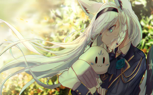 Hololive Shirakami Fubuki anime Vtuber with flowing white hair hugging a rabbit plush in sunlit foliage — 2K Quad HD PC desktop wallpaper/background.