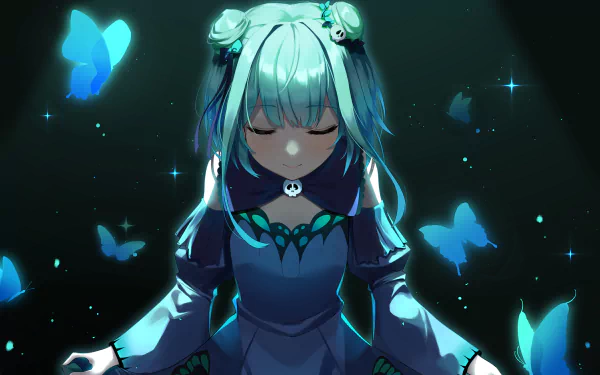 HD PC desktop wallpaper featuring Uruha Rushia from hololive, depicted as an anime-style Virtual YouTuber surrounded by glowing blue butterflies in a dark, mystical setting.