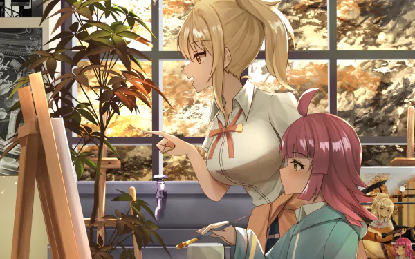Rina Tennoji and Ai Miyashita from Love Live! Nijigasaki High School Idol Club painting at an easel in a sunlit studio with autumn trees outside — HD PC desktop wallpaper