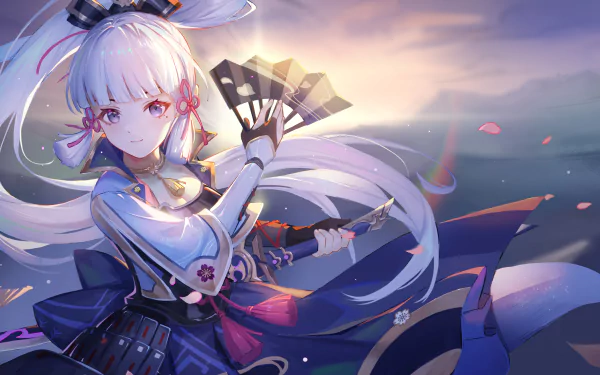 HD desktop wallpaper featuring Kamisato Ayaka from the video game Genshin Impact, depicted with a serene background, holding a fan and wearing traditional attire.