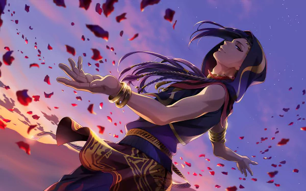 HD PC desktop wallpaper featuring Jamil Viper from the video game Twisted Wonderland, surrounded by floating red petals against a vibrant, colorful sky backdrop.