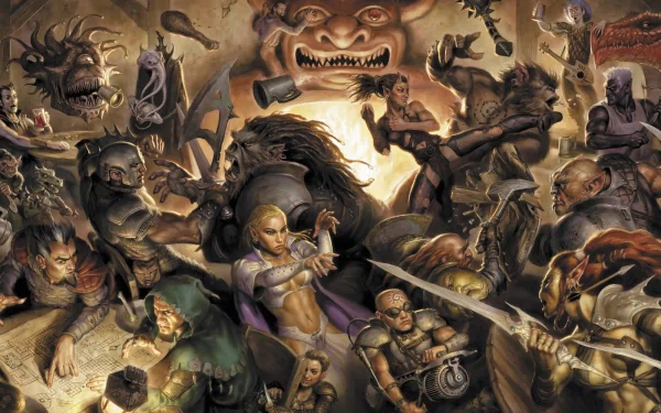 A vibrant fantasy scene featuring various characters engaged in a Dungeons & Dragons adventure, surrounded by a dramatic backdrop filled with mythical creatures and artifacts.