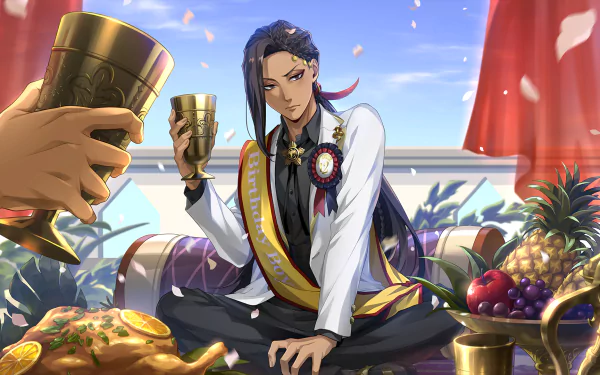 HD PC desktop wallpaper of Jamil Viper from the video game Twisted Wonderland, reclining on a sunlit terrace and toasting with a goblet amid a lavish spread of fruit and bread.