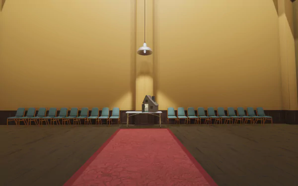 HD Superliminal desktop wallpaper featuring minimalist conference room with rows of chairs and a red carpet.