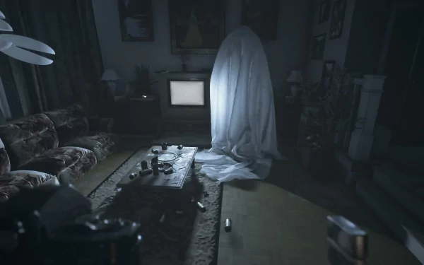 A haunting scene from a video game, featuring a ghostly figure in a dimly lit living room, with an old TV and scattered objects, creating an eerie atmosphere for a desktop wallpaper.