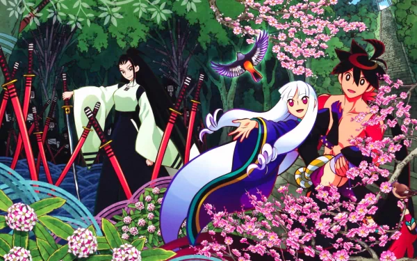 A vibrant HD wallpaper featuring Togame and Shichika Yasuri from Katanagatari, surrounded by blooming flowers and lush greenery, capturing the essence of the anime.