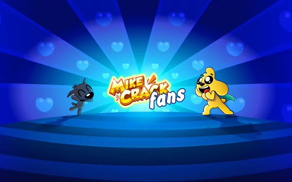 Video game Mikecrack 2K Quad HD PC wallpaper: two colorful Mikecrack characters face off on a radiant blue stage under a glowing Mikecrack Fans logo.