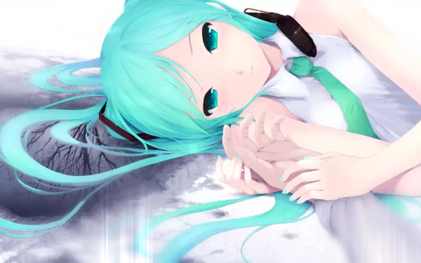HD wallpaper of Hatsune Miku, an Anime Vocaloid, lying down with her turquoise hair spread out, reflecting on a shiny surface. Her eyes are expressive, and she's wearing a white outfit with a green tie.