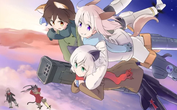 HD PC desktop wallpaper featuring anime characters from Strike Witches soaring through the sky with mechanical gear against a vibrant sunset and twilight backdrop.