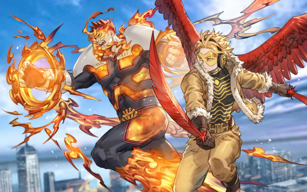 HD anime desktop wallpaper featuring Hawks (Keigo Takami) and Endeavor from My Hero Academia, set against a city skyline with vibrant flames and dynamic poses.