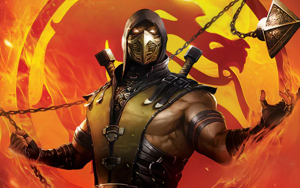 Scorpion from Mortal Kombat in anime style (Mortal Kombat Legends: Scorpion's Revenge) posed with kunai and chains against a fiery Mortal Kombat emblem — HD PC desktop wallpaper