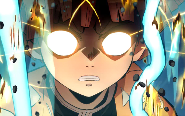 Zenitsu Agatsuma from the video game Demon Slayer -Kimetsu no Yaiba- The Hinokami Chronicles, close-up with glowing eyes, blue lightning and sparks — HD PC desktop wallpaper/background.