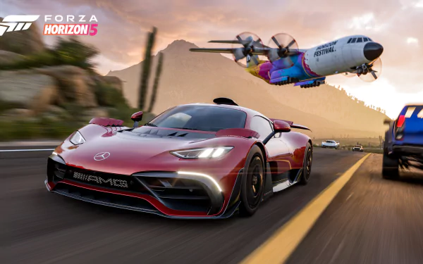 4K Ultra HD Forza Horizon 5 wallpaper featuring a sleek red sports car racing on a desert highway with a colorful cargo plane flying overhead at sunset.