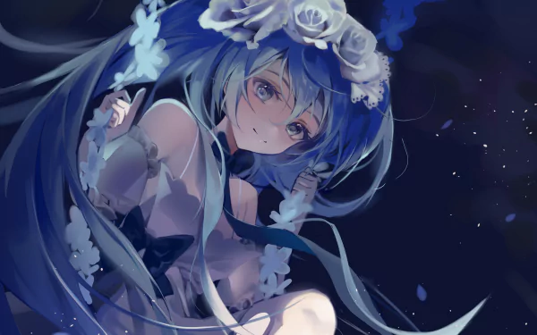 HD anime wallpaper featuring Hatsune Miku, the iconic Vocaloid, with flowing turquoise hair adorned with white roses against a dark, starry background.