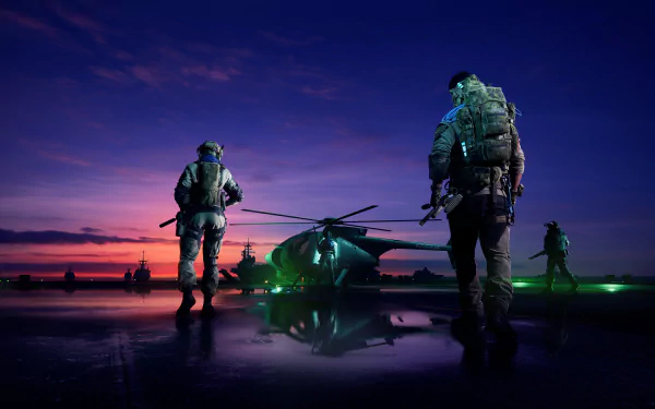 Battlefield 2042 video game 4K Ultra HD PC desktop wallpaper: armed soldiers walk toward a helicopter on a reflective tarmac at dusk beneath a purple-orange sky.