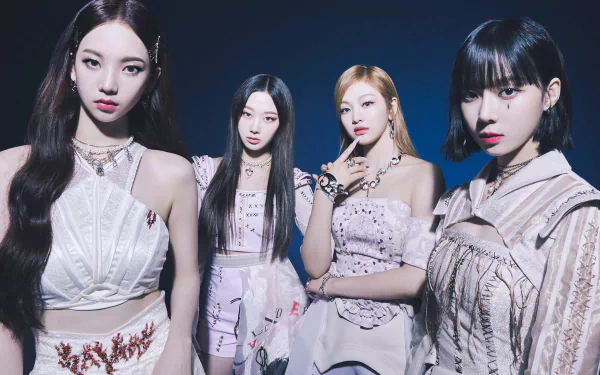 HD desktop wallpaper featuring Aespa members Ningning, Winter, Giselle, and Karina posing together with a dark background, highlighting their music group identity.