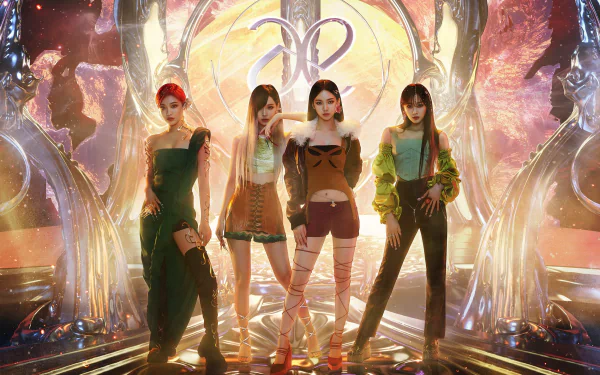 HD PC wallpaper featuring Aespa members Ningning, Winter, Giselle, and Karina in a vibrant, futuristic setting highlighting their music and style.