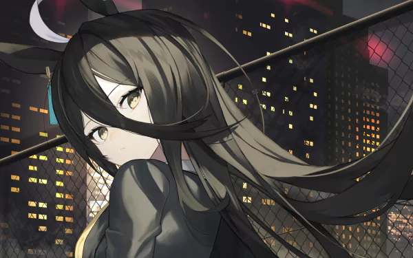 HD PC wallpaper: Manhattan Café anime portrait of an Uma Musume: Pretty Derby character with flowing dark hair and gold eyes on a night-time city rooftop.