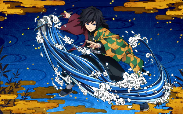 Giyuu Tomioka from Demon Slayer — The Hinokami Chronicles video game, wielding swirling water-breathing waves against a decorative backdrop, rendered as an HD PC desktop wallpaper.
