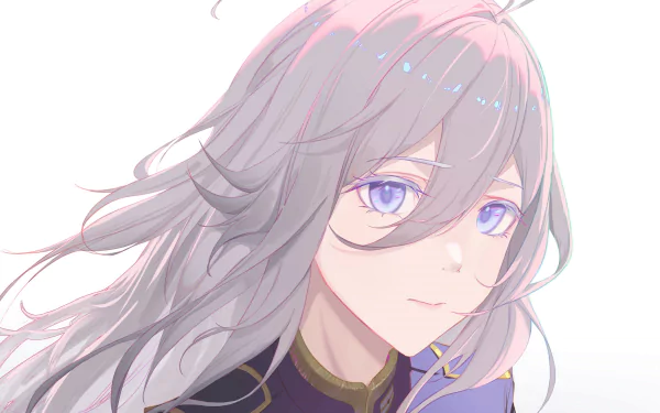Vladilena Milizé from Eighty Six anime: soft pastel portrait with flowing silver hair and violet eyes, 2K Quad HD PC desktop wallpaper/background.
