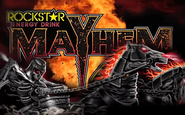 HD PC desktop wallpaper featuring Rockstar Energy Drink's Mayhem with fiery background and dark, armored skeletal riders on horseback.