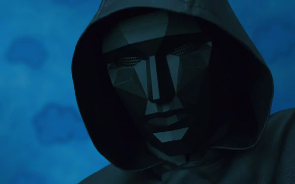 HD PC desktop wallpaper featuring a dark, hooded masked figure from the TV show Squid Game, associated with Lee Byung-hun’s character.