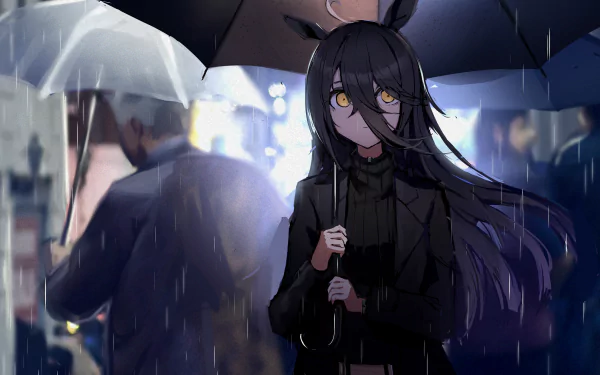 4K Ultra HD wallpaper featuring Manhattan Café from Uma Musume: Pretty Derby, depicting a dark-haired anime character holding an umbrella in a rainy urban setting.