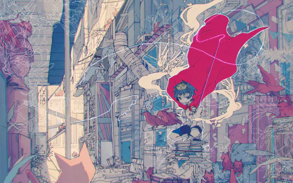 Anime boy with a red cape and an anime cat sit in a vibrant, detailed alley, rendered in 4K Ultra HD as a PC desktop wallpaper and background.