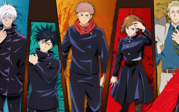 4K Ultra HD anime desktop wallpaper featuring Megumi Fushiguro, Nobara Kugisaki, and Yuji Itadori from Jujutsu Kaisen, each standing against vibrant colored backgrounds.