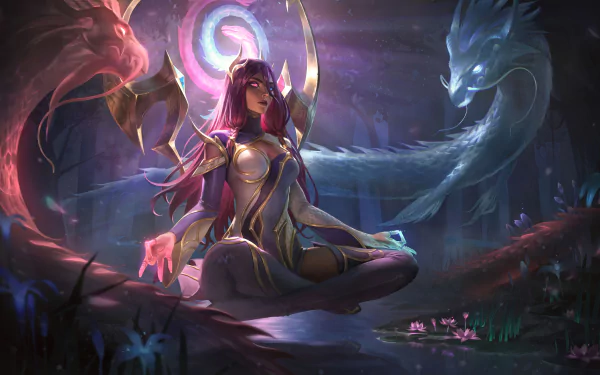 Karma from League of Legends meditates with glowing Chinese dragon spirits swirling around her in this vibrant 8K Ultra HD video game desktop wallpaper.