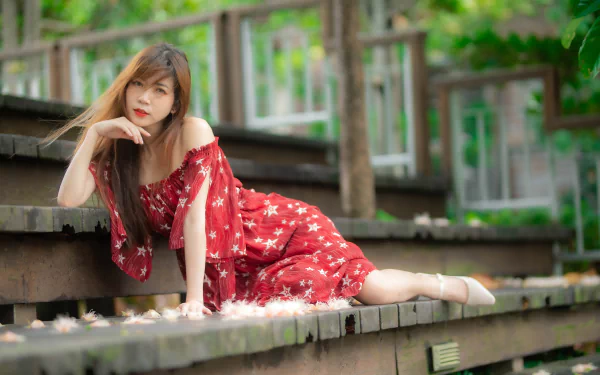 brunette red dress woman asian HD Desktop Wallpaper | Background Image