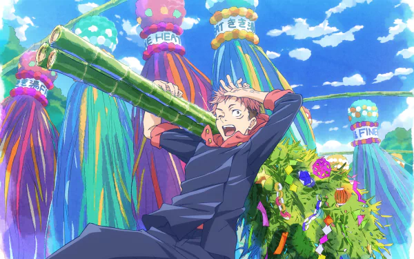Yuji Itadori from Jujutsu Kaisen featured in a vibrant 4K Ultra HD anime desktop wallpaper with colorful festival decorations and a bright blue sky background.