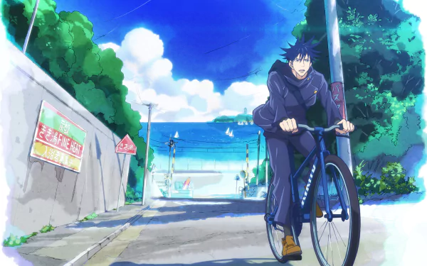Megumi Fushiguro from Jujutsu Kaisen rides a bike down a sunny street in this vibrant 4K Ultra HD anime desktop wallpaper.